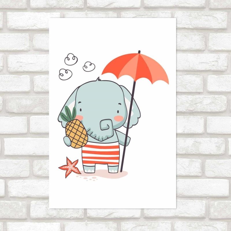 Poster Decorativo Elefante Fofo Na Praia N09253 - Papel na Parede