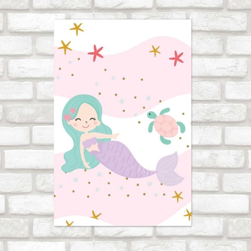 Poster Decorativo Sereia Tartaruga e Estrelas-do-mar N07245 - Papel na Parede