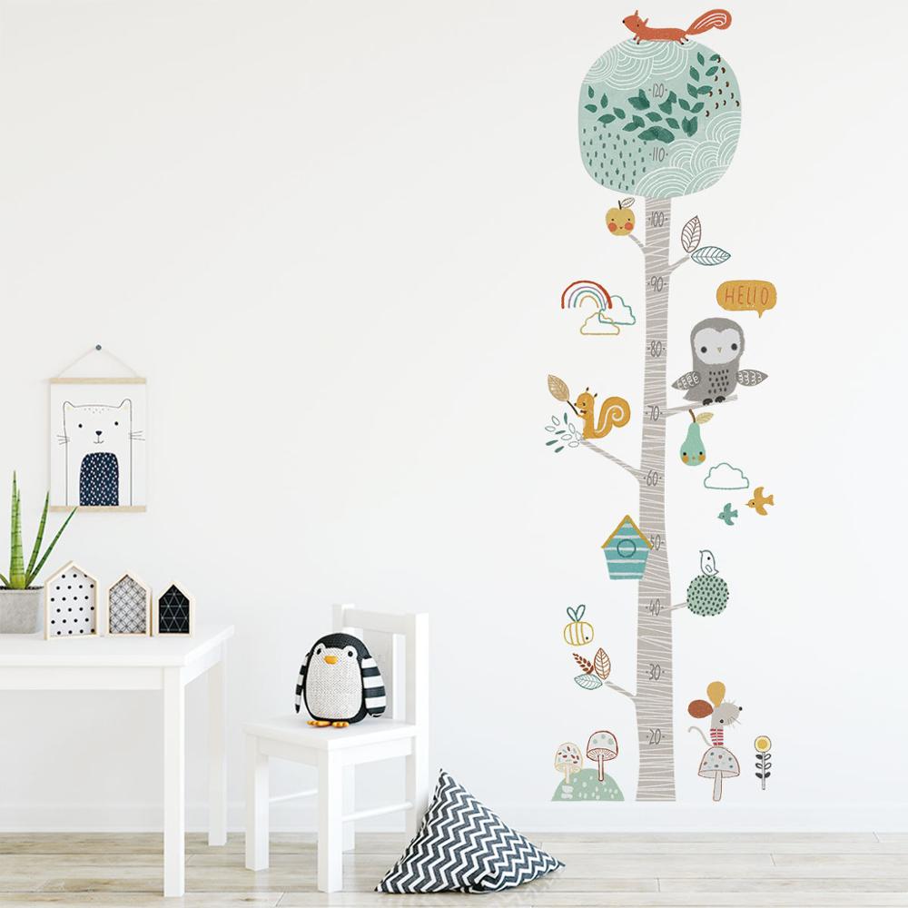Adesivo de parede de altura de árvores de animais de floresta DIY decoração nórdica moderna crianças medidas de altura mural decalques de berçário papel de parede criativo