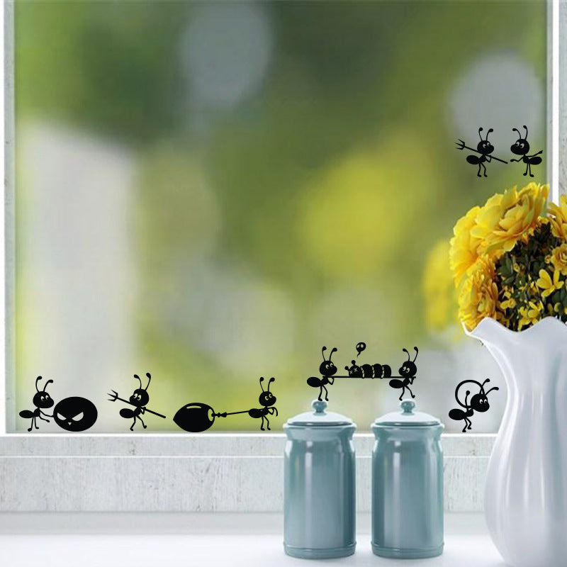 2 pçs/lote Adesivo de Parede Formigas de Desenhos Animados Preto para Sala de Crianças Sala de Estar Janelas Decoração de Casa Adesivos de Parede Adesivo de Vidro Decoração de Casa