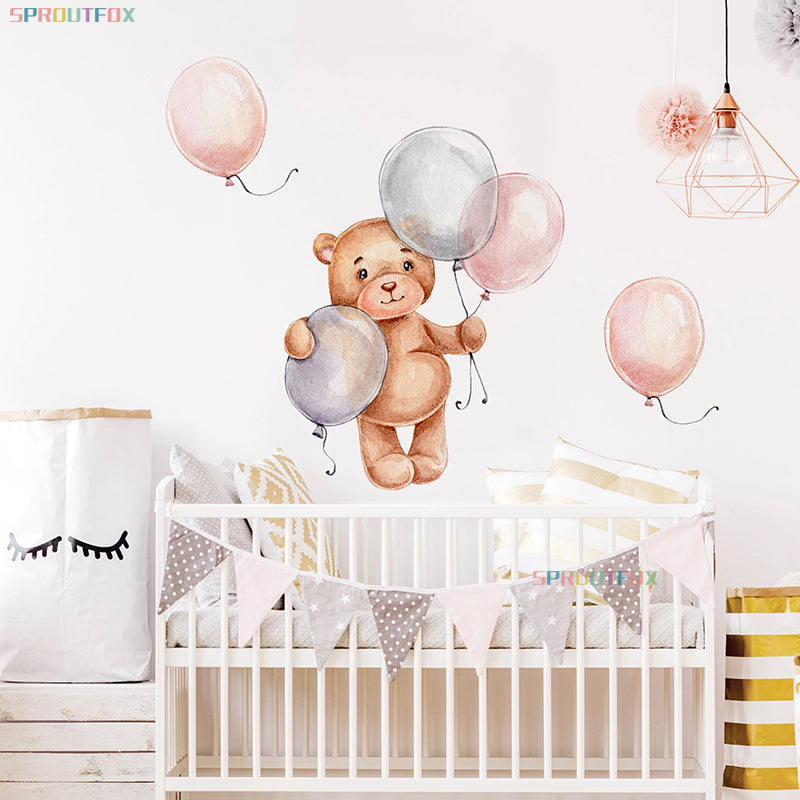 Adesivos de parede balão urso pardo para quarto de crianças bebê meninos decoração de quarto de berçário animais decalque de parede nórdico