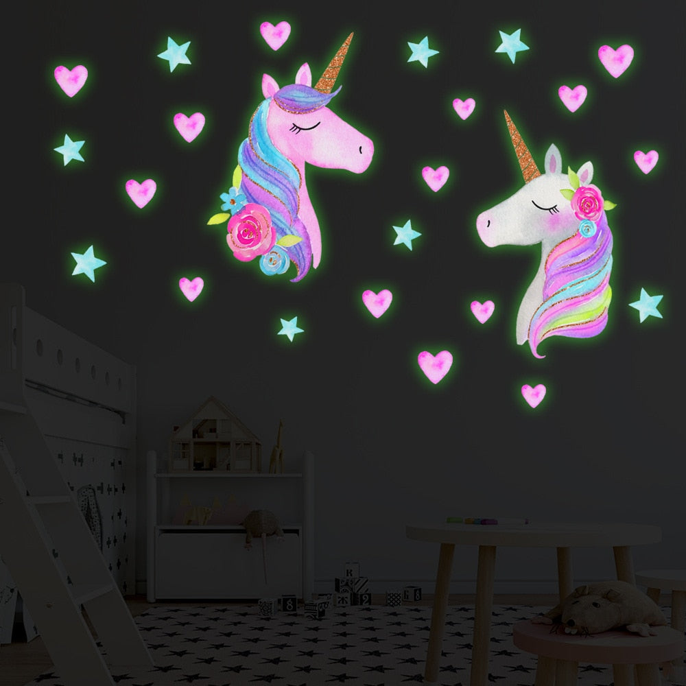 Adesivos de parede de unicórnio luminoso de desenho animado para quartos de crianças teto decoração de casa adesivos de parede estrelas fluorescentes brilham no escuro adesivos