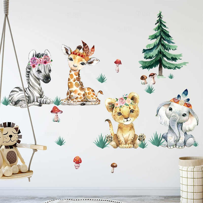 Adesivos de parede em aquarela desenhos animados África animais pastagem para quarto de crianças decoração de quarto de bebê berçário adesivos elefante girafa