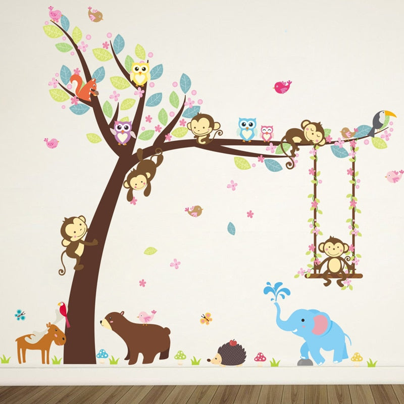 Adesivo de parede Animais da floresta Macaco Urso Árvore para quarto de crianças Adesivo de parede infantil Decoração do quarto do berçário Adesivos murais