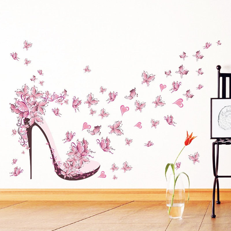 Salto alto de borboleta rosa Adesivo de parede para sala de estar Decorações de fundo de quarto de menina Decalques